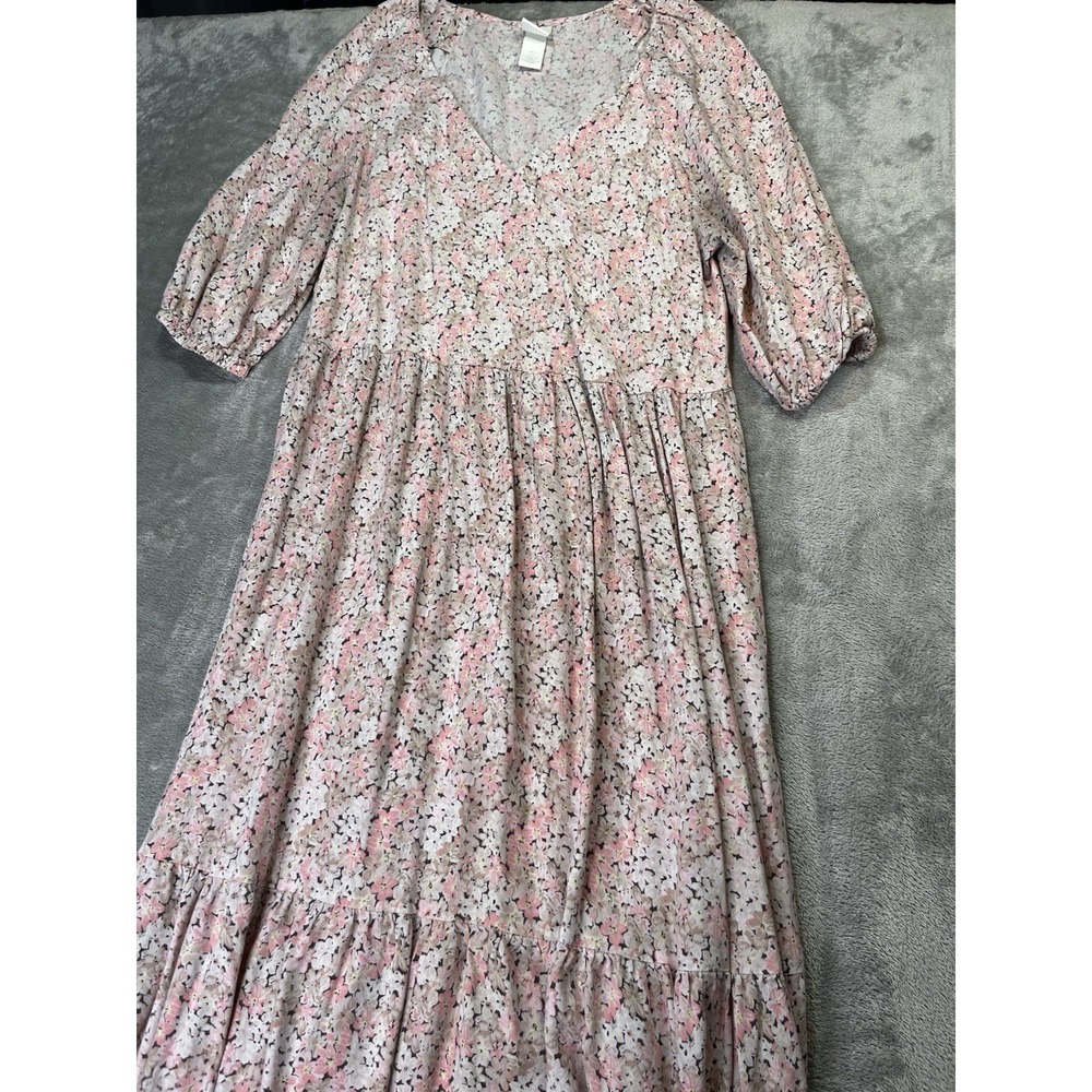 H&M Pink Floral Midi Tiered Dress Size S Summer Puff Sleeve Cottagecore Boho